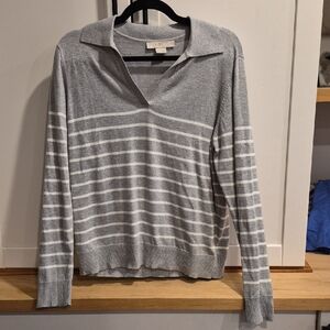 💙LOFT Light Gray and White Striped Collared Knit Sweater
